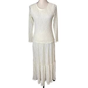 VTG Ivory Lace Tiered Maxi Skirt Set Long Sleeve Size M Prairie Romantic Bridal
